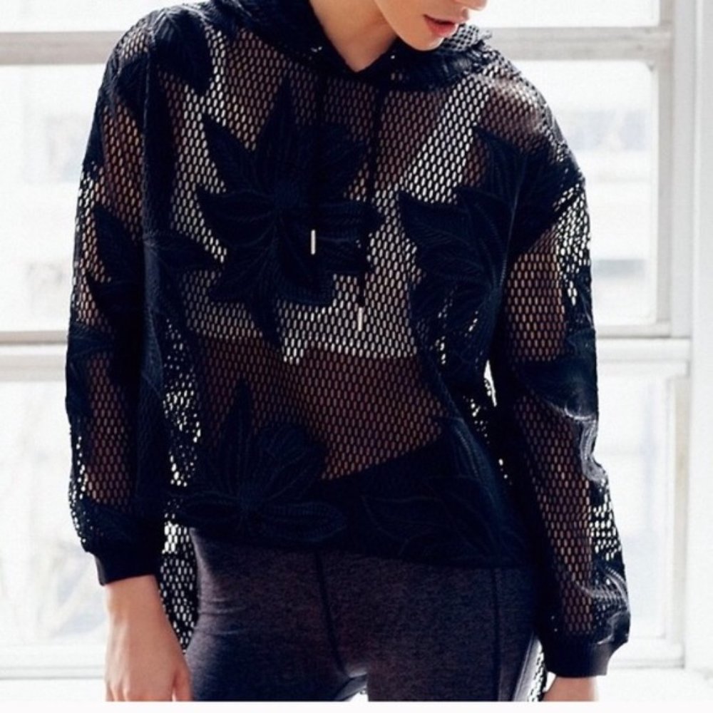 Free People Movement Spring Fling Bomber Mesh Hooded Hi-Lo Floral Mesh Top